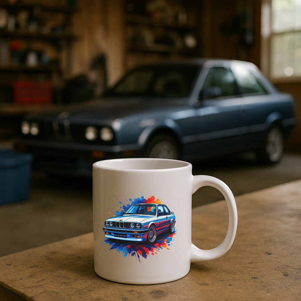 Mug BMW E30 posé sur un établi avec outils et éclairage atelier