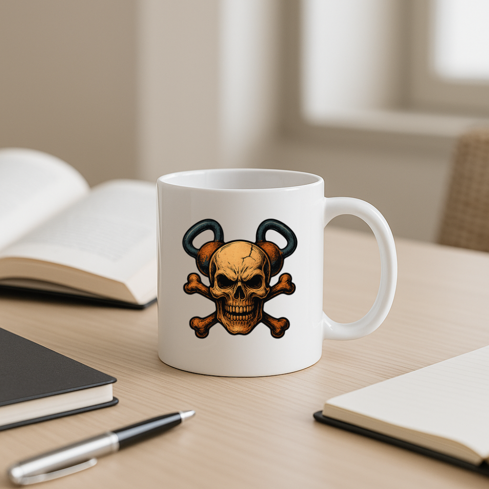 Mug blanc posé sur un bureau en bois avec carnet, stylo et livres ouverts