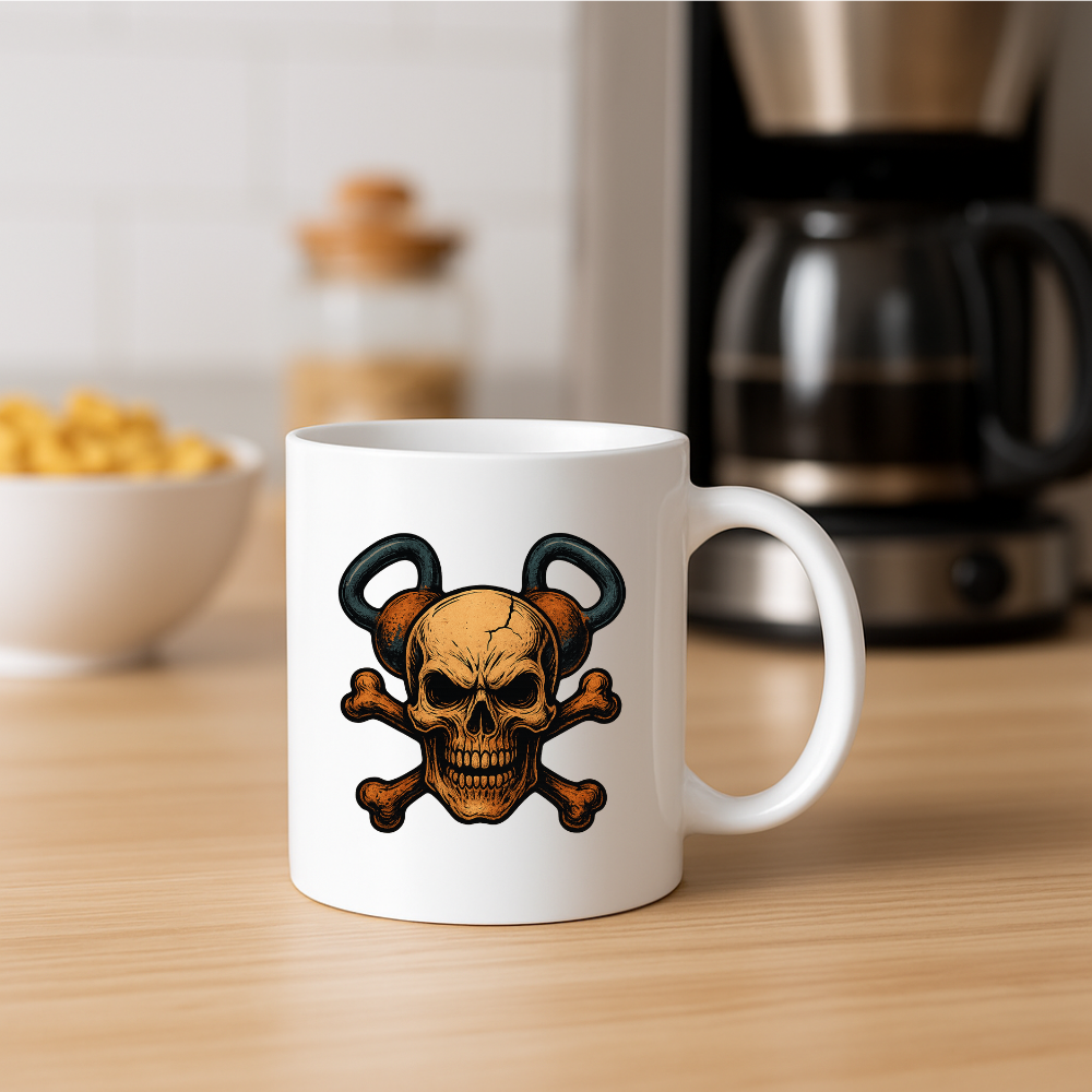 Mug blanc avec motif crâne kettlebell sur table de cuisine, cafetière et céréales en arrière-plan