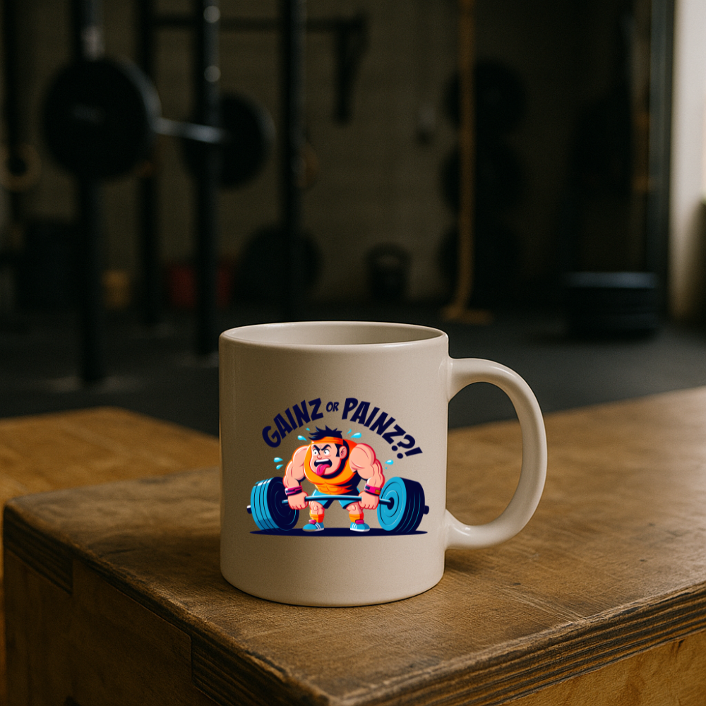 Mug blanc posé sur un box en bois, fond de salle CrossFit avec matériel flouté