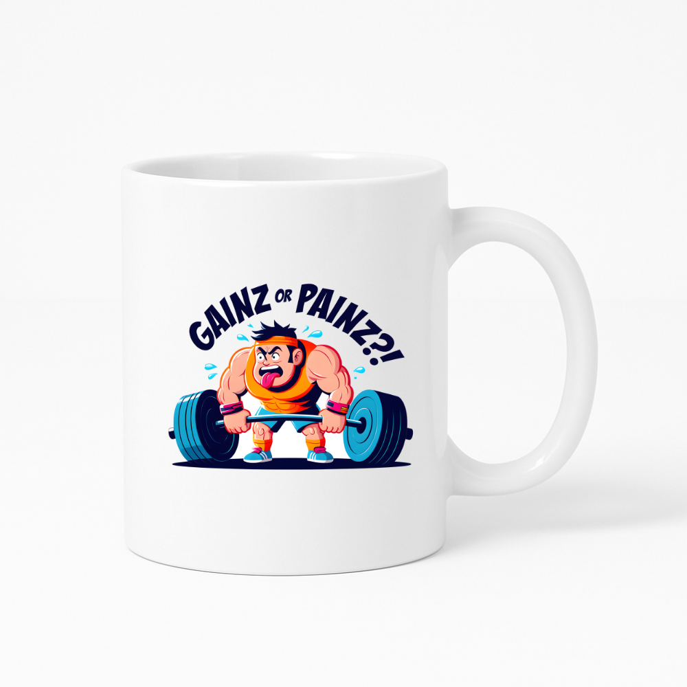 Mug en céramique blanche avec illustration humoristique de powerlifter en difficulté