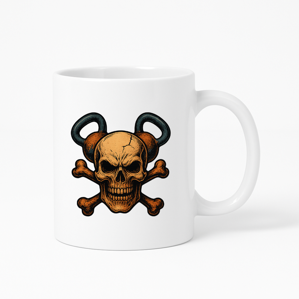 Mug en céramique blanche avec design crâne kettlebell, posé sur fond blanc