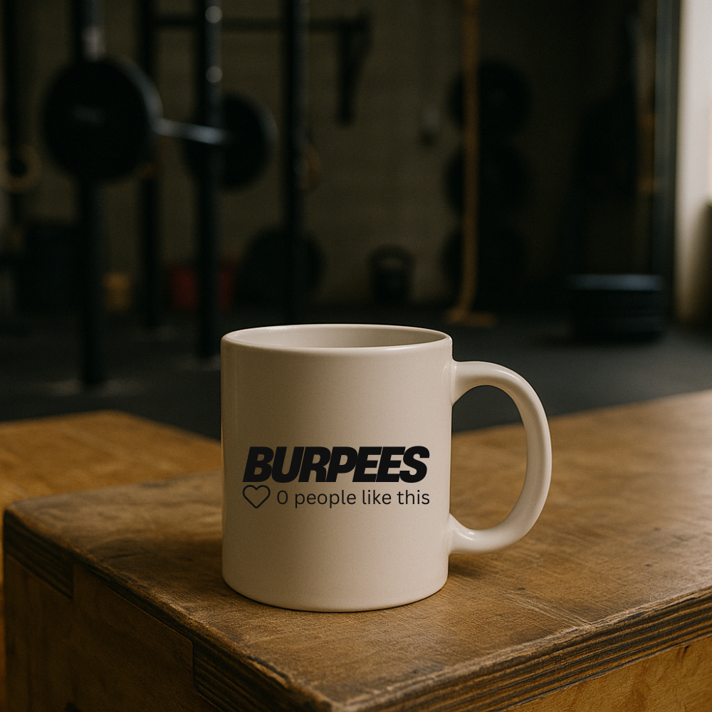 Mug avec design burpees posé sur un box en bois dans une salle de CrossFit