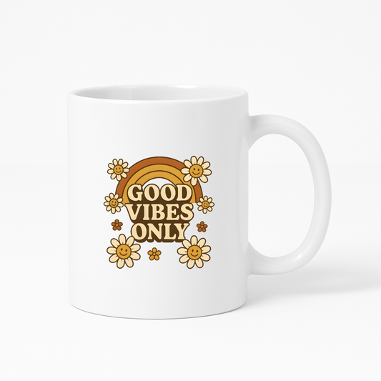 Mug blanc avec texte Good Vibes Only, arc-en-ciel et fleurs style seventies