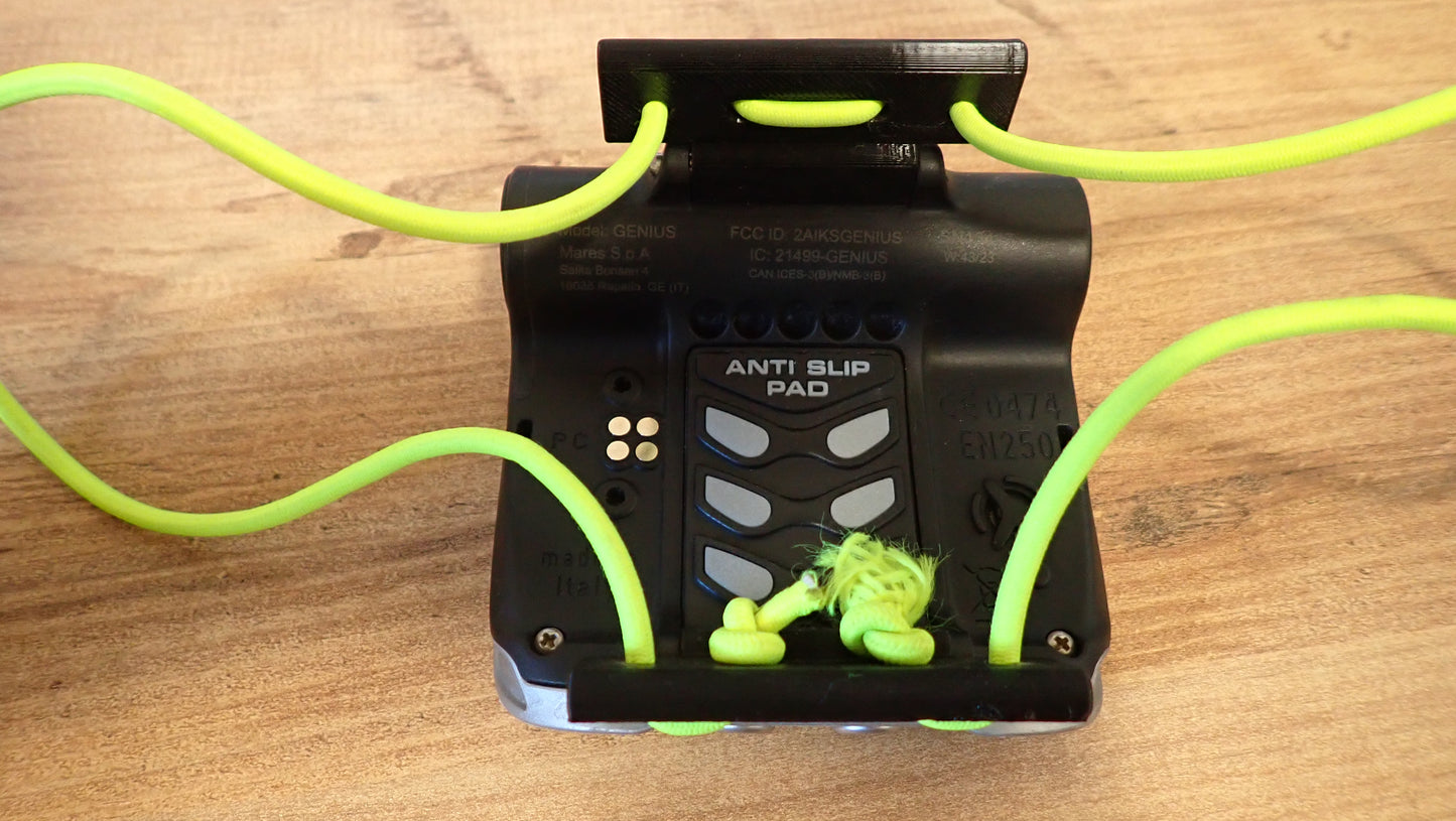 Support bungee elastique TPU noir Mares Genius ordinateur plongee avec elastique jaune fluo vue arriere